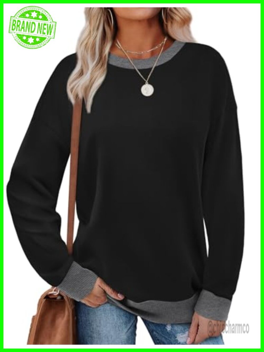 Women's Color Block Crewneck Sweatshirt Long Sleeve Loose Fit Pullover